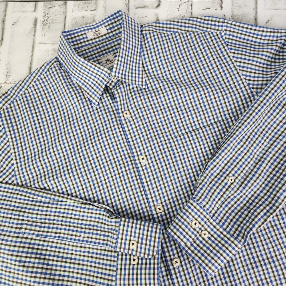 Peter Millar Classic Fit Men's Medium Blue Brown Plaid Button Long Sleeve Shirt